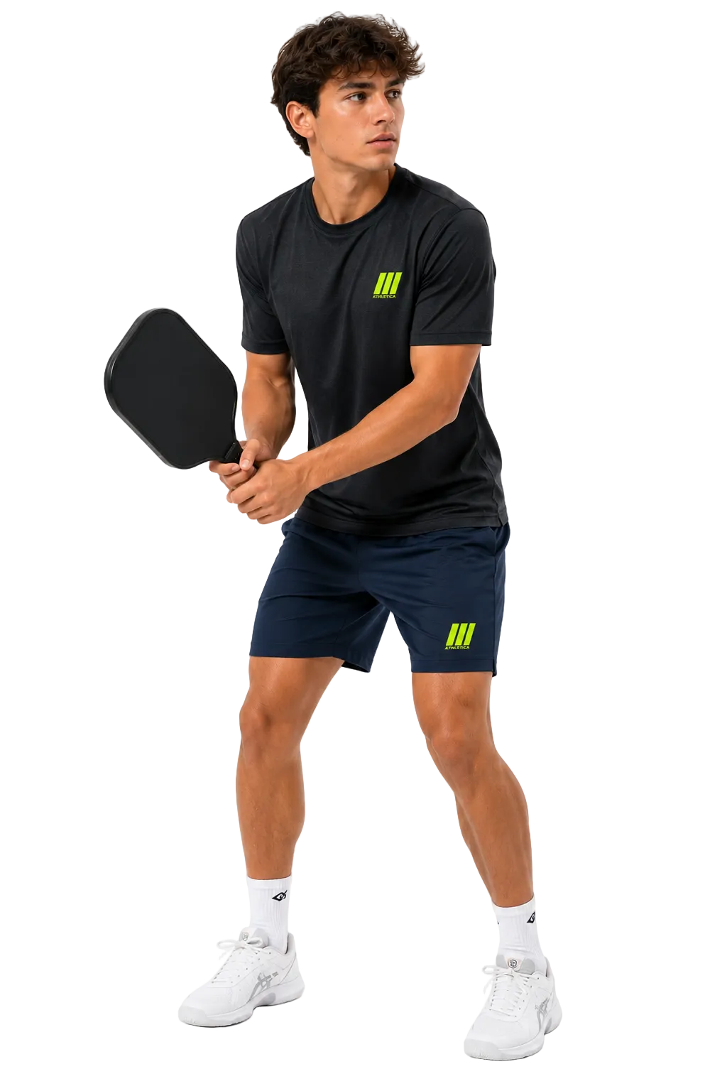 A man in a black t-shirt and navy shorts holding a black paddle, wearing a matching neon green logo on the chest and thigh, against a white background.